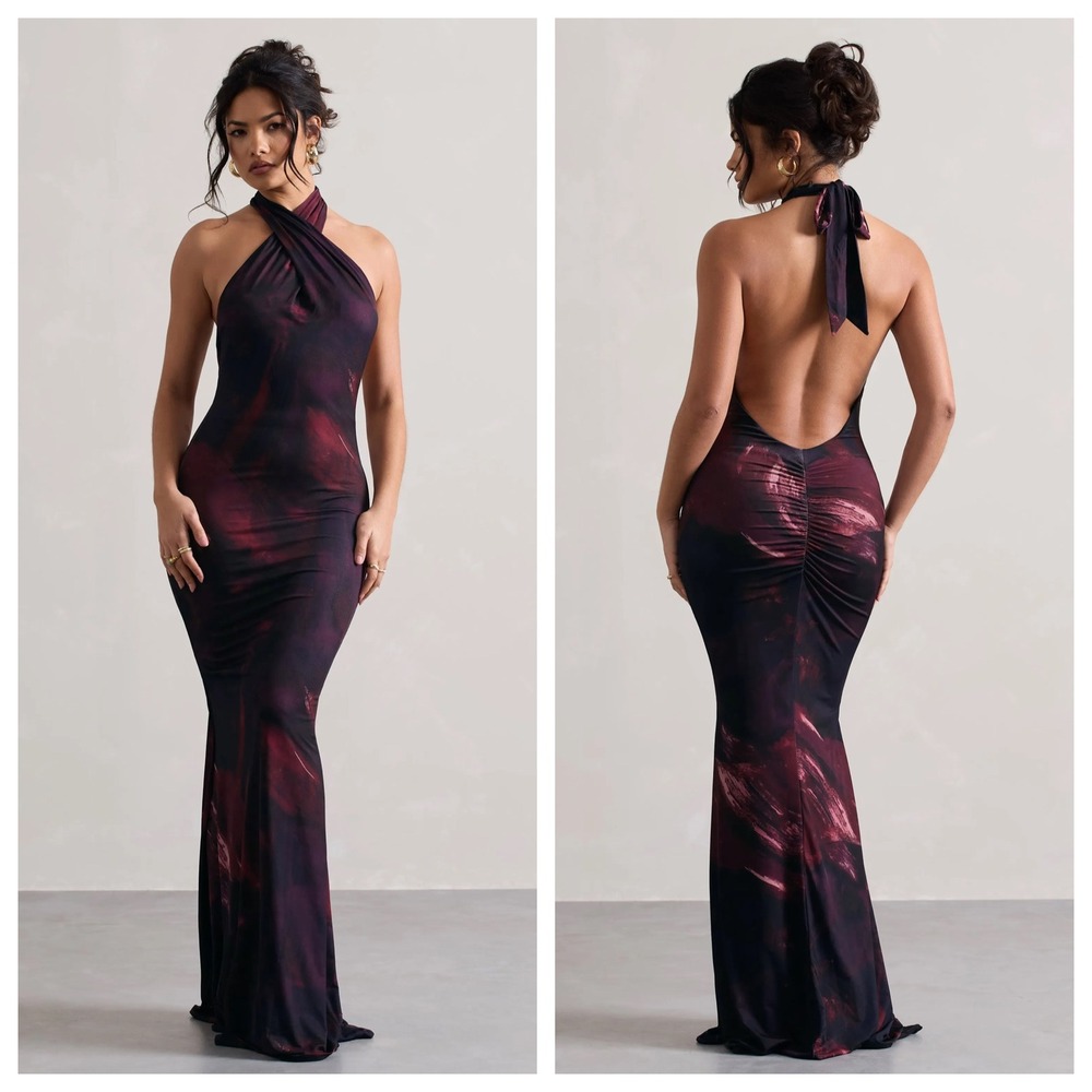 Club L London Black and Burgundy Marble Maxi Dress